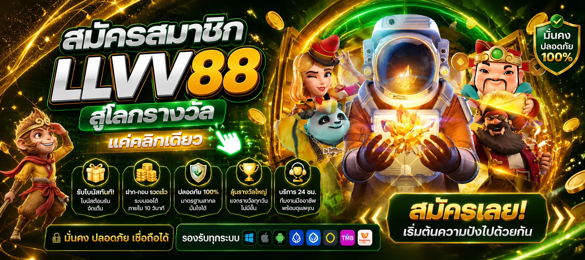 แบนเนอร์สมัครสมาชิก LLVV88 พร้อมตัวละครเกม PG Soft